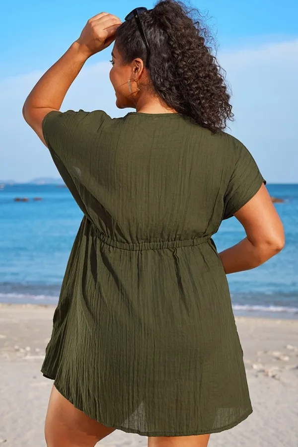 Dark Green V Neck Elastic Waisted Cover Up