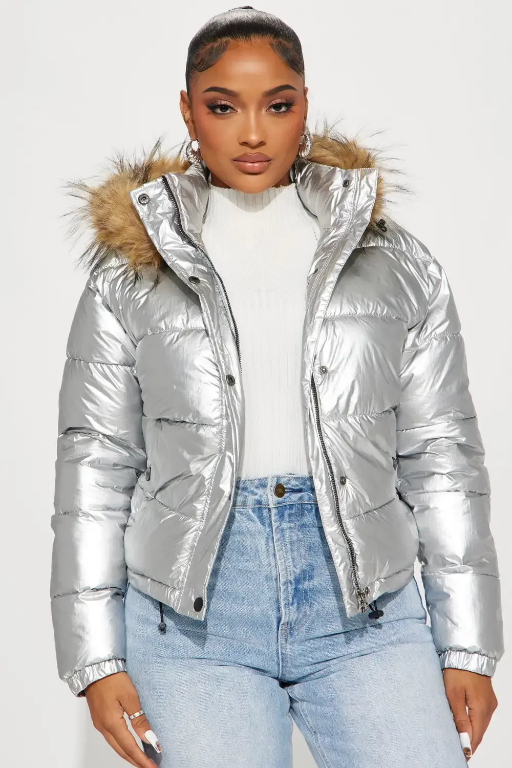 Take Notes Metallic Puffer Jacket - Silver