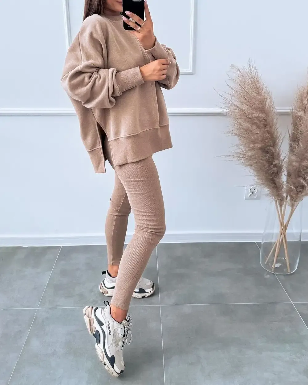 Women's Solid Color Casual Pullover Sweatshirt Two-piece Set