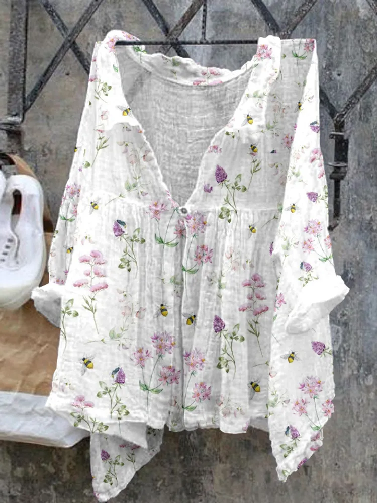 Ladies Floral Bee Pattern Casual Cotton Linen Shirt