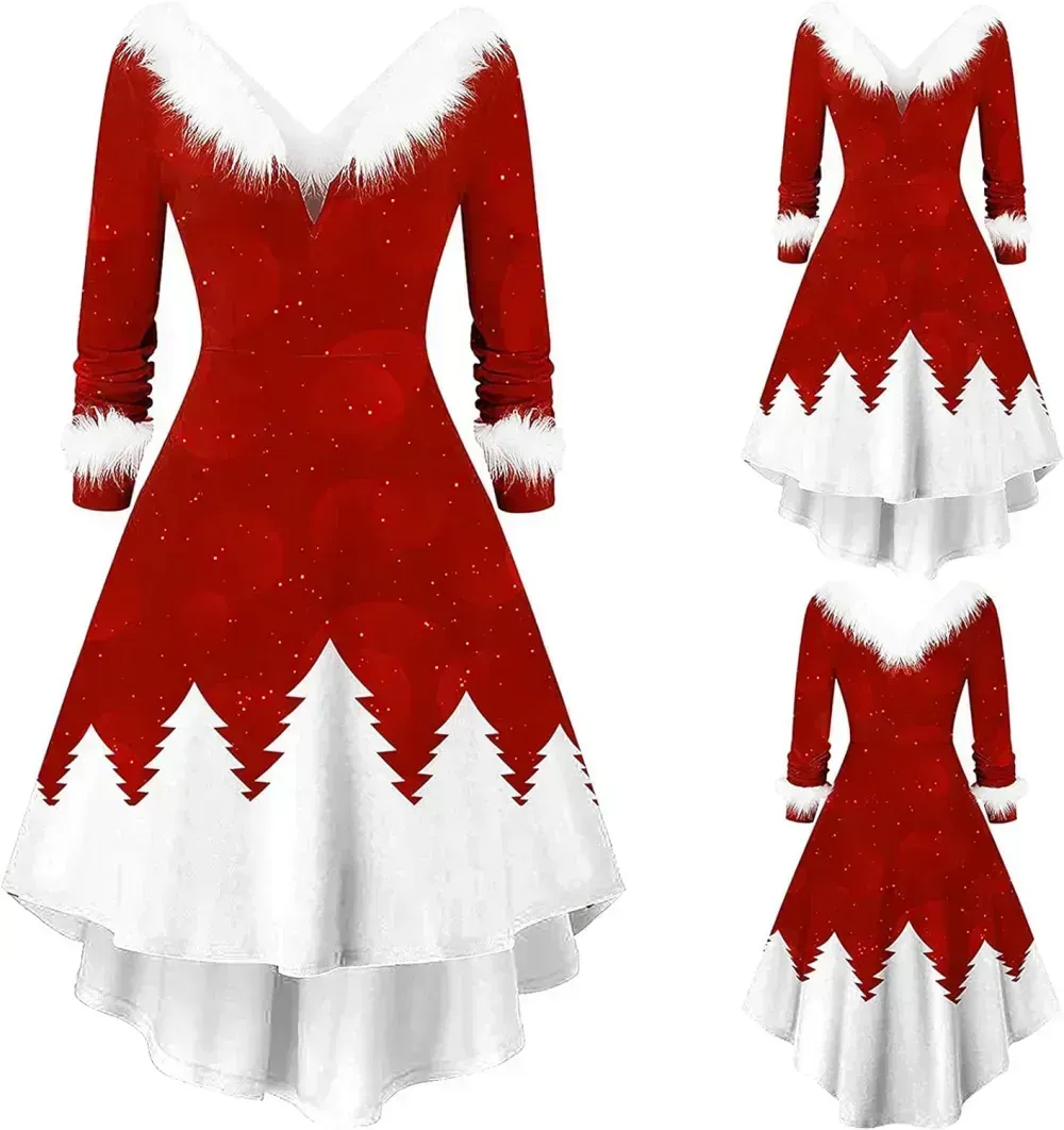 Womens Christmas Dress Fuzzy Mrs Claus Christmas Holiday Xmas Cocktail Holiday Party Flare Dress