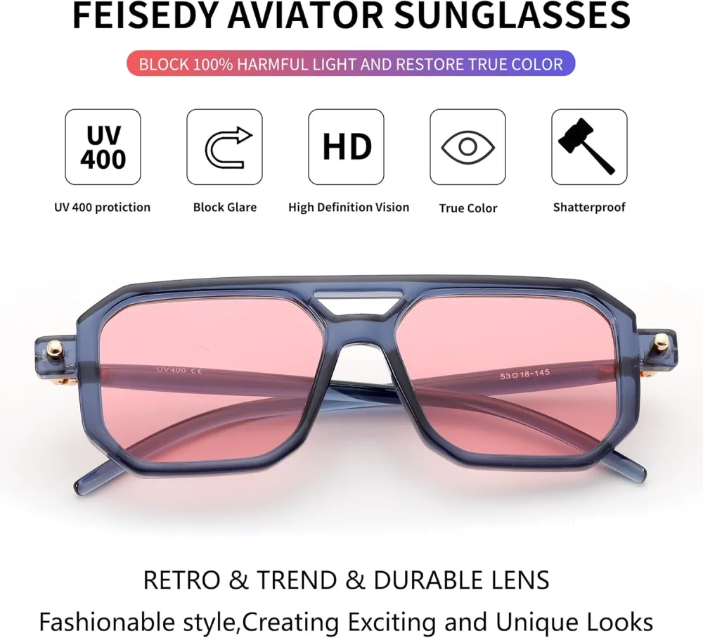FEISEDY Vintage Square 70s Flat Aviator Sunglasses Women Men Classic Retro Stylish Frame UV400 Sunglasses B2622