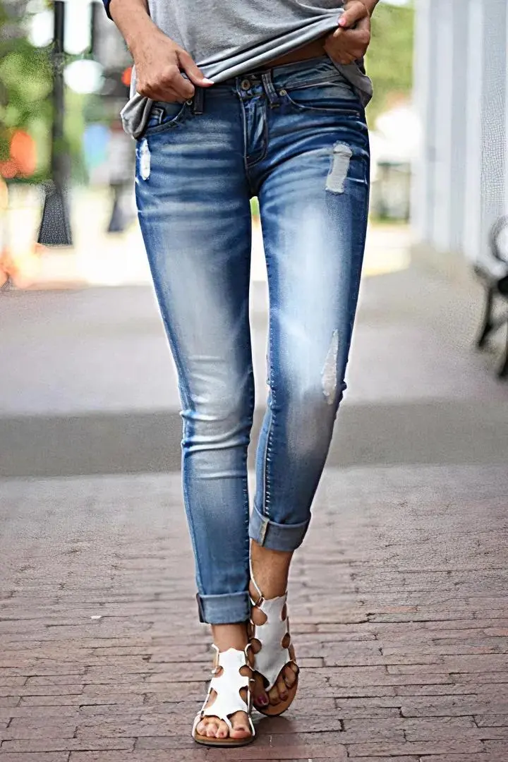 Washed Ripped Roll Hem Low Rise Skinny Jeans