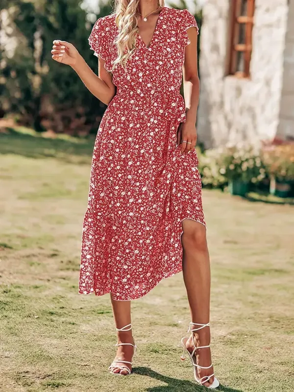 Women Summer Bohemian Floral Casual Wrap V Neck Ruffle Cap Sleeveless Belt A-Line Pleated Hem Swing Midi Sun Dress