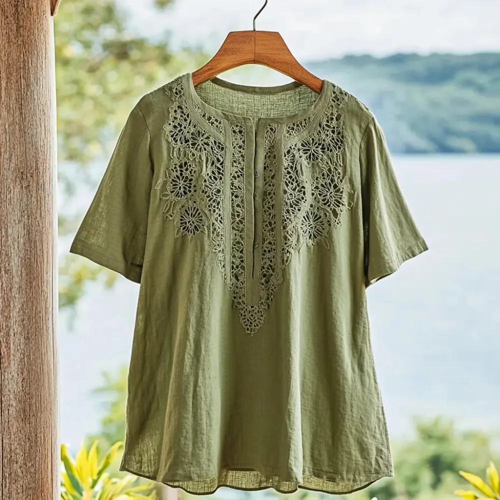 Women's Lace Floral Design Linen Button Shirt