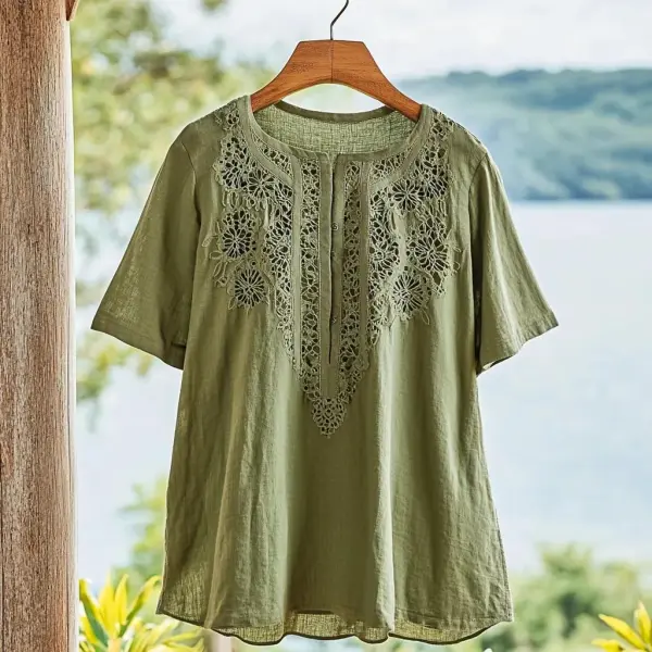 Women's Lace Floral Design Linen Button Shirt