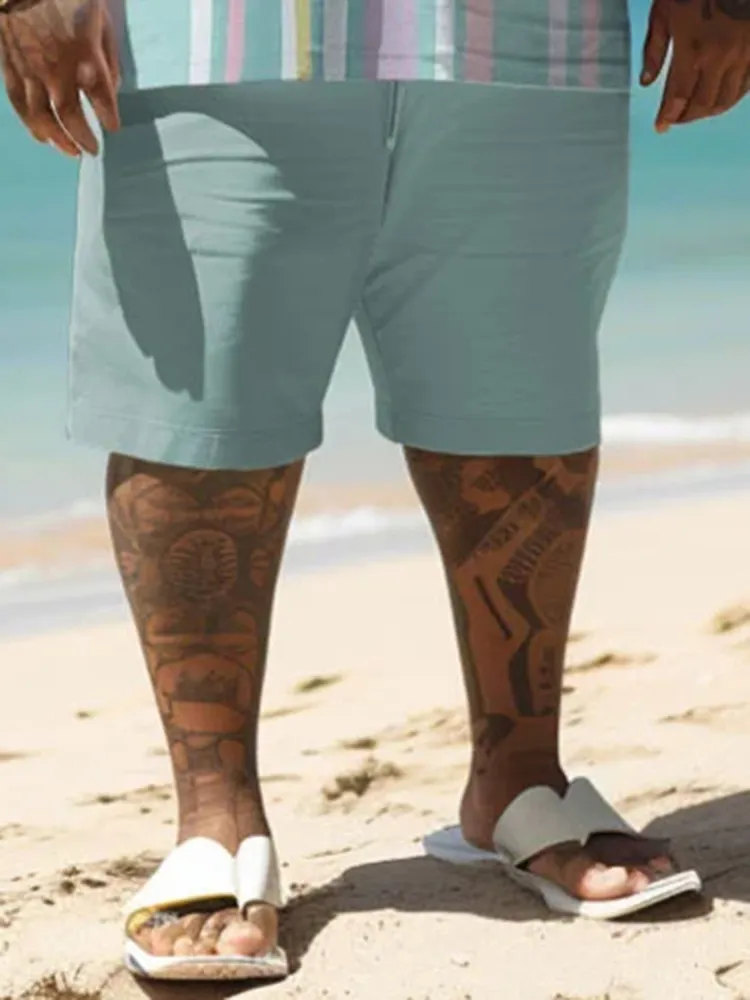 Big Men Hawaiian Striped Coconut Tree Print T-Shirt Shorts Set