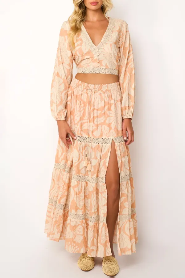Peach Toned Floral Print Ruffled Maxi Skirt
