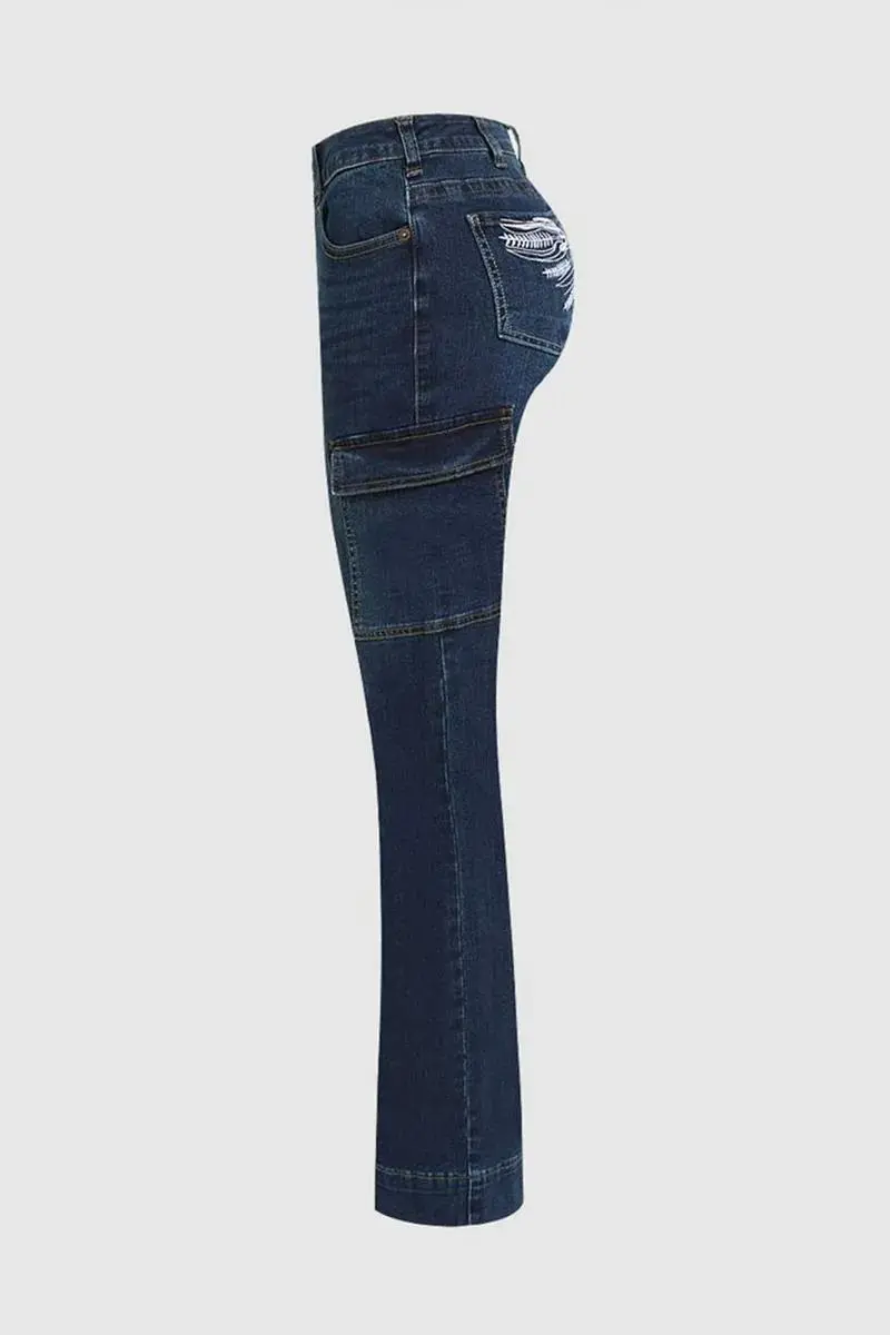 Wash Embroidery Pocket Back Flap Pocket Mid Rise Bootcut Jeans