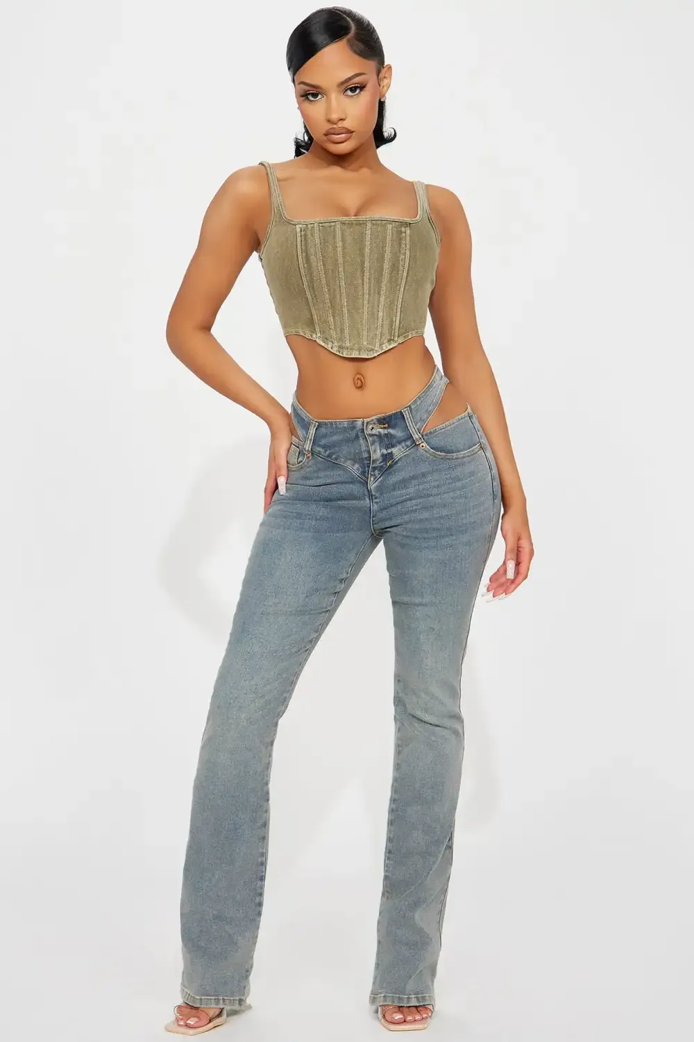Cause A Scene Cut Out Stretch Bootcut Jean - Vintage Blue Wash