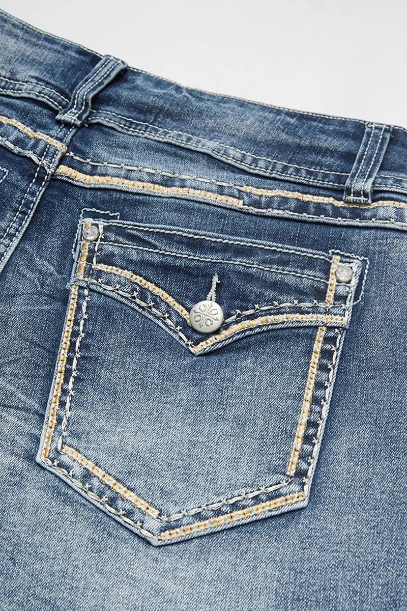 Roll Hem Double Button Mid Rise Denim Shorts