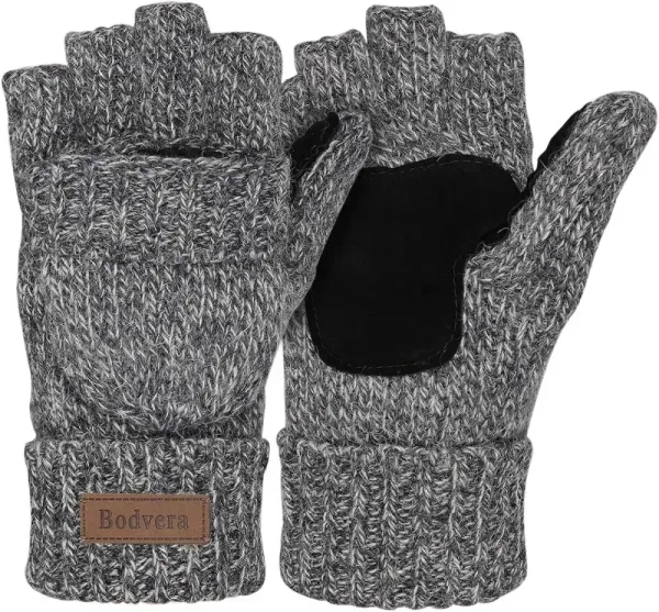 Bodvera Thermal Insulation Fingerless Texting Wool Gloves for Women and Men Winter Warm Knitted Convertible Mittens Flap