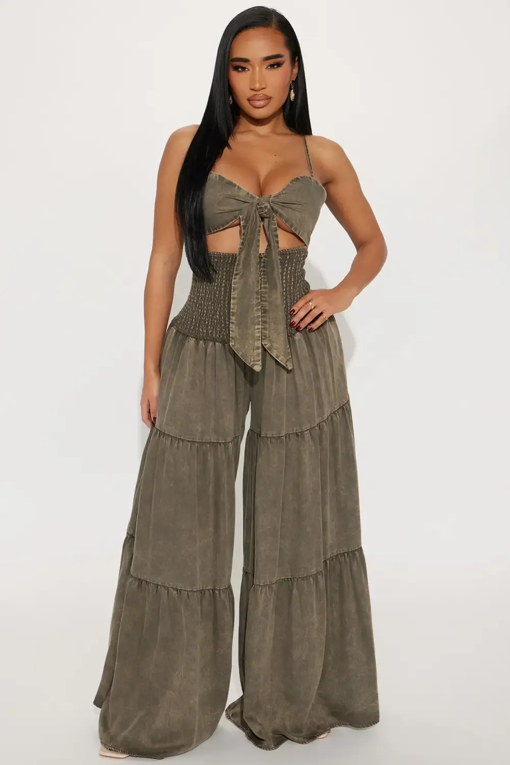 Free Spirit Washed Chambray Jumpsuit - Olive