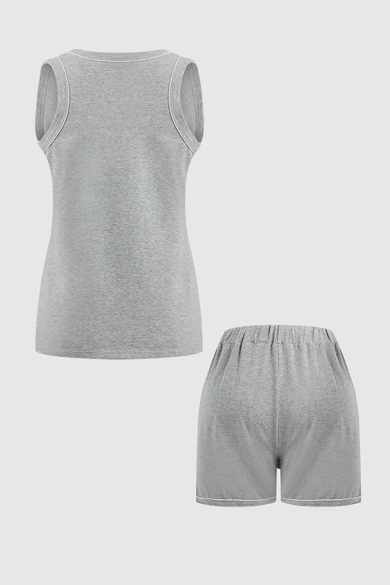 Half Placket Contrast Binding Tank Top & Drawstring High Waist Shorts Set