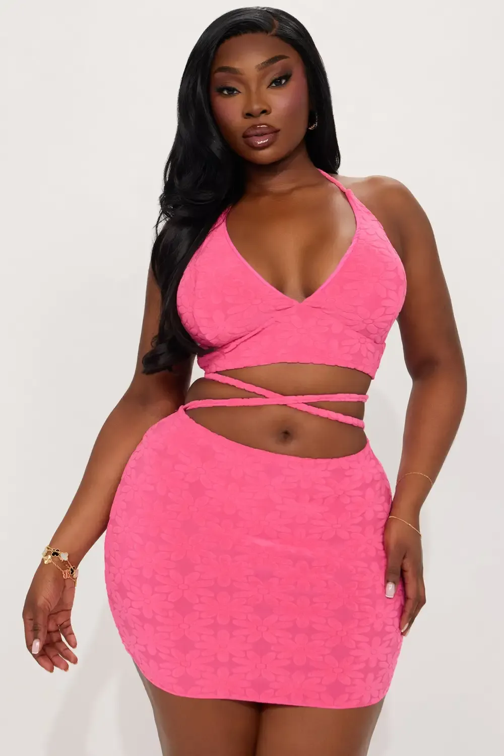 Angelina Flower Terry 3 Piece Bikini Skirt Set - Hot Pink