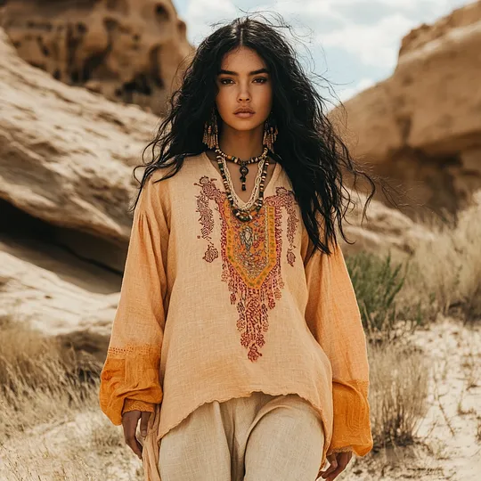 Vintage Ethnic Style Embroidered Linen V Neck Long Sleeve Shirt