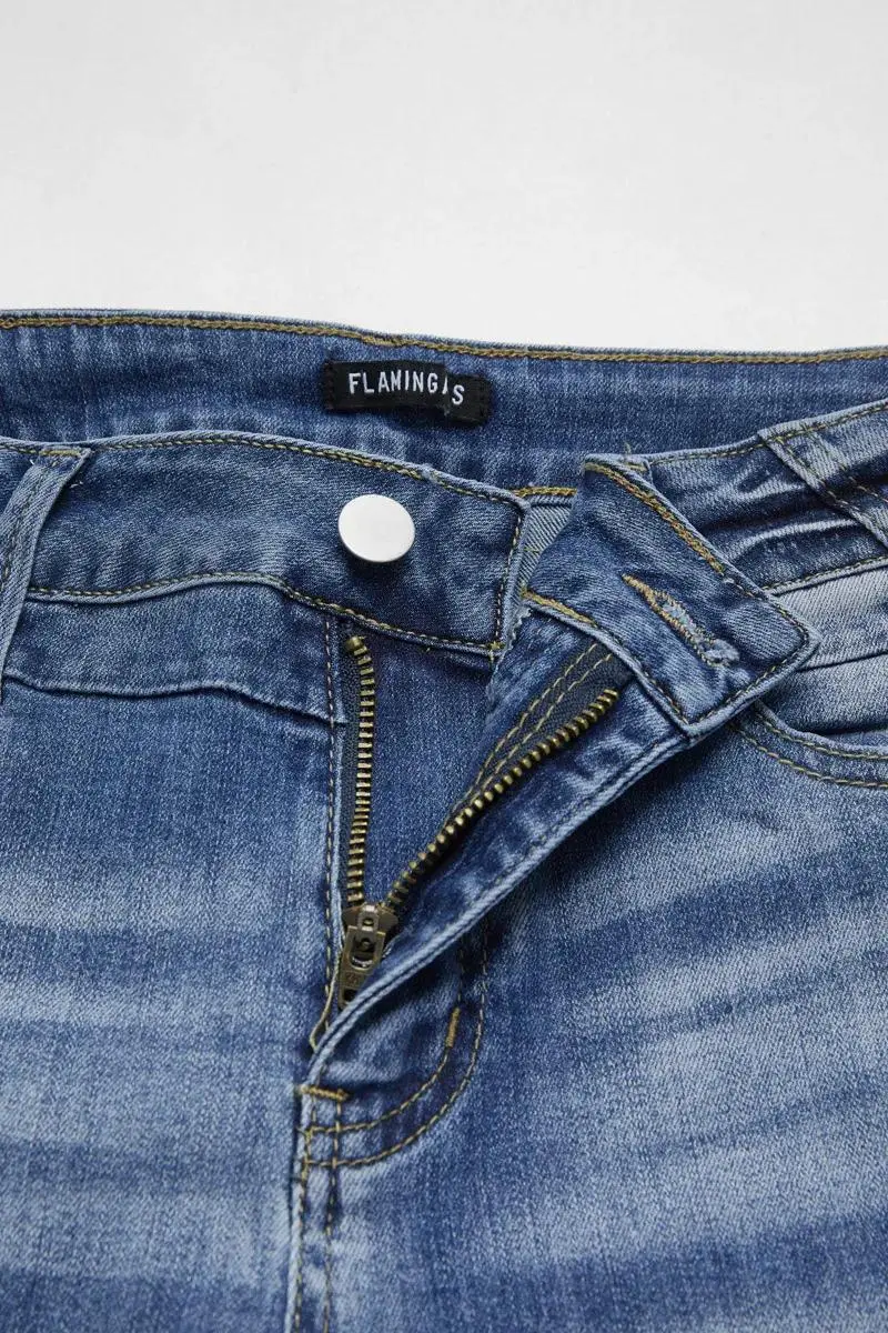 Ripped Raw Hem Mid Rise Denim Bermuda Shorts