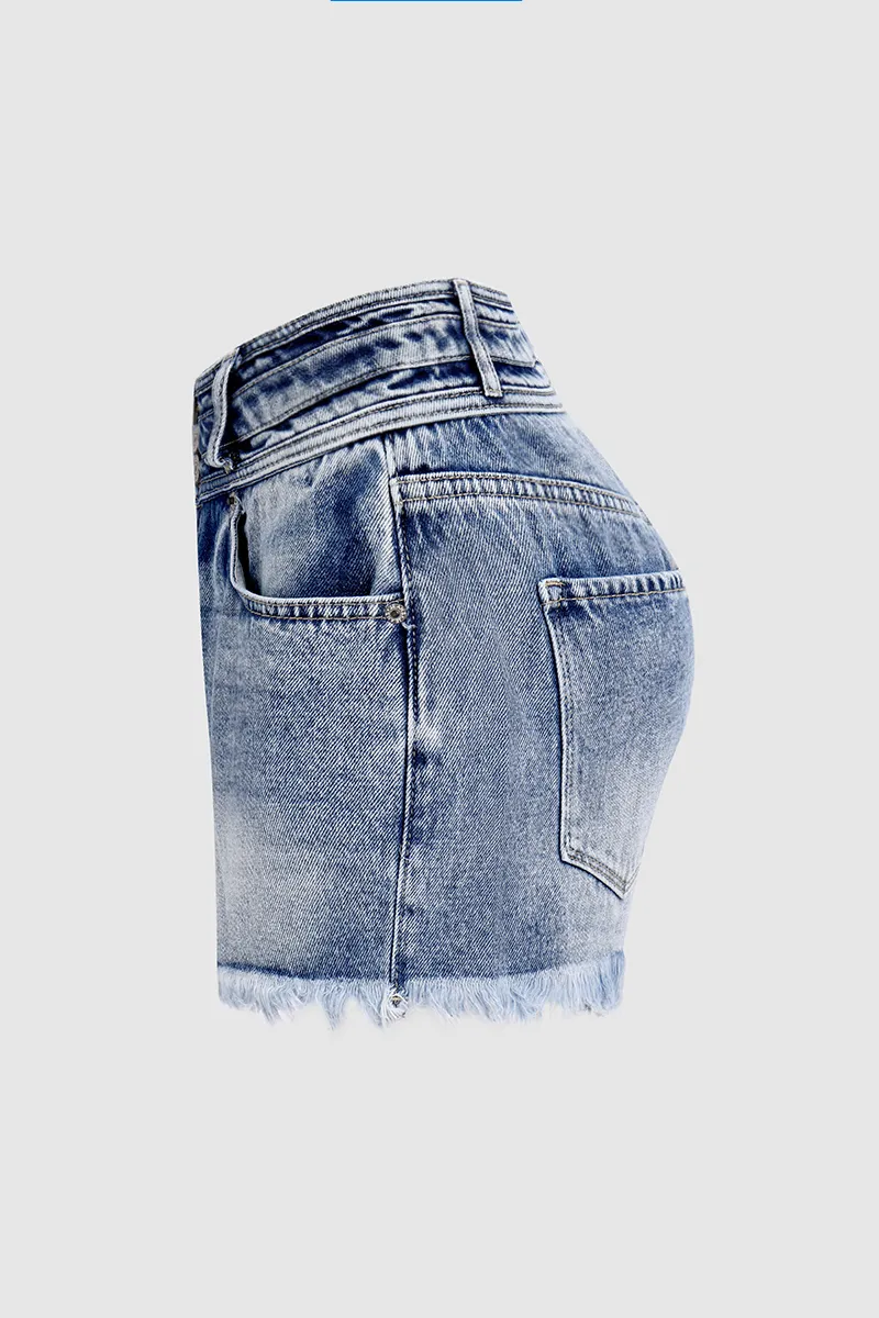Wash Button Fly Raw Hem Mid Rise Denim Shorts