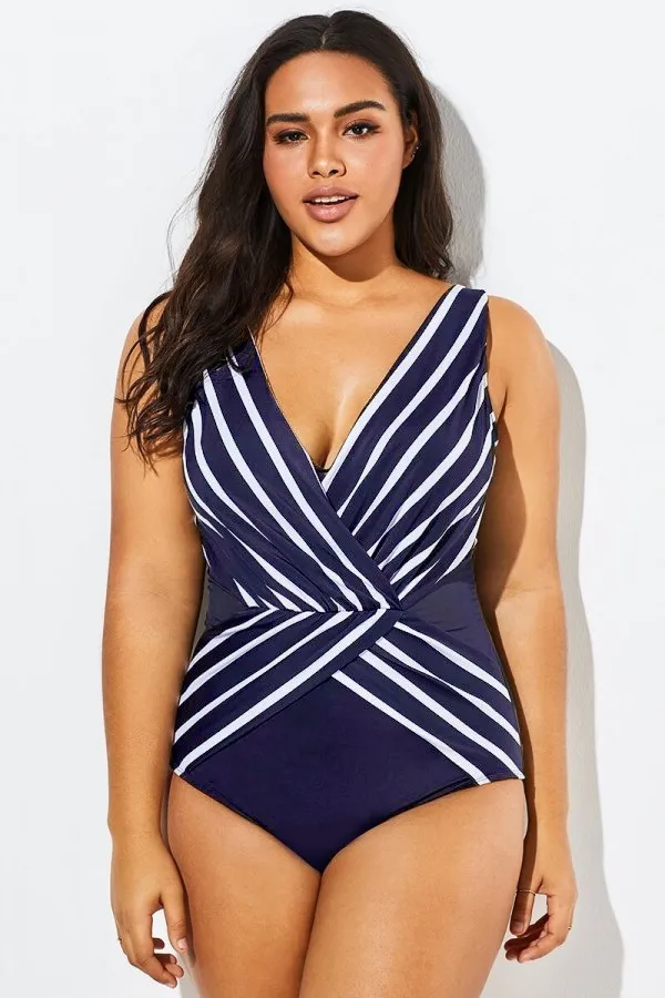 Black V-Neck Streak Modern One Piece Swimsuit