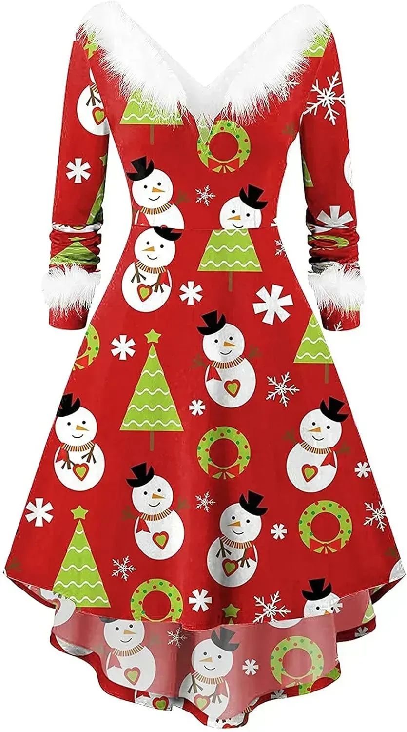 Womens Christmas Dress Fuzzy Mrs Claus Christmas Holiday Xmas Cocktail Holiday Party Flare Dress