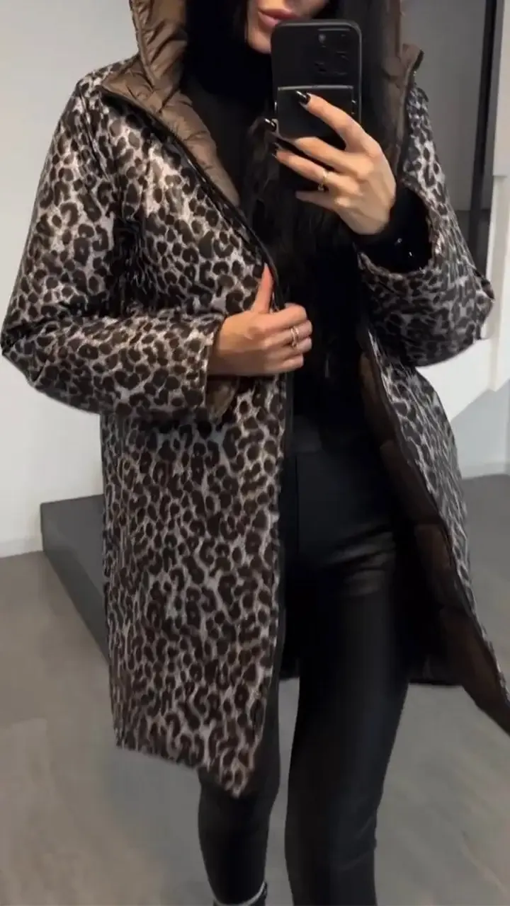 Women's Hooded Leopard  + Solid Color Double-Sided Cotton Coat