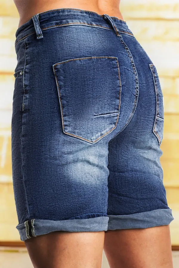 Wash Button Up Roll Hem High Waist Denim Mid Thigh Shorts