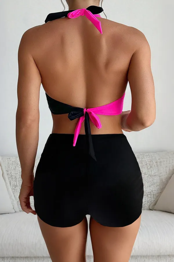 Two Tone Twist Front Tie Back Halter Bikini Set
