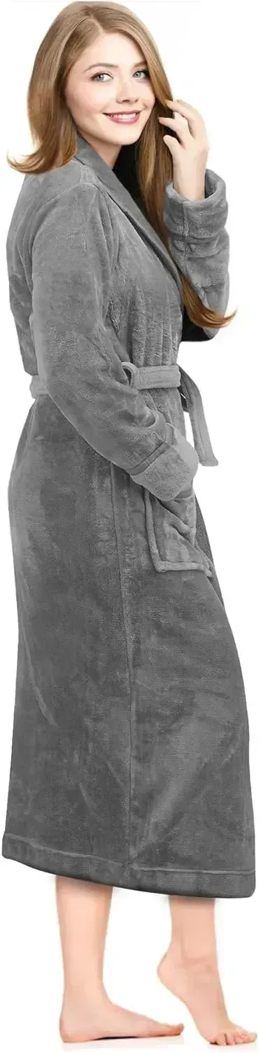 Women Fleece Shawl Collar Bathrobe - Plush Long Robe
