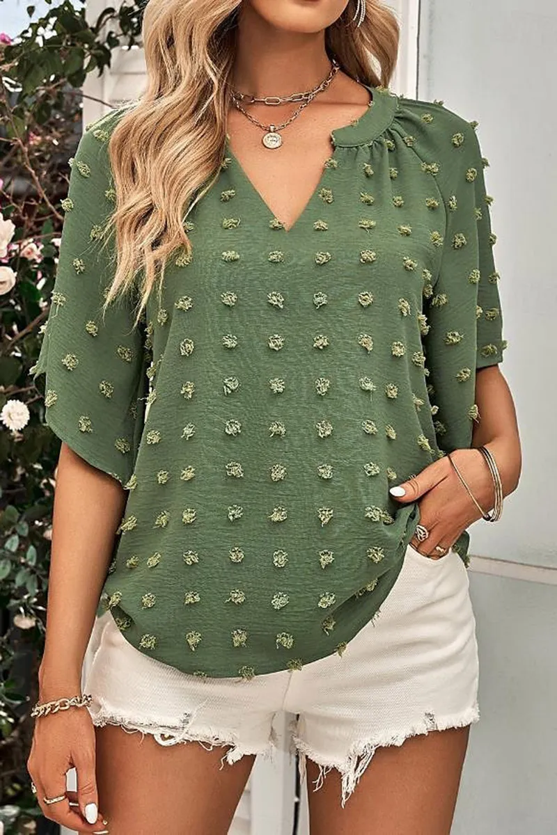 Chiffon Swiss Dot Notched Neck Half Sleeve Blouse
