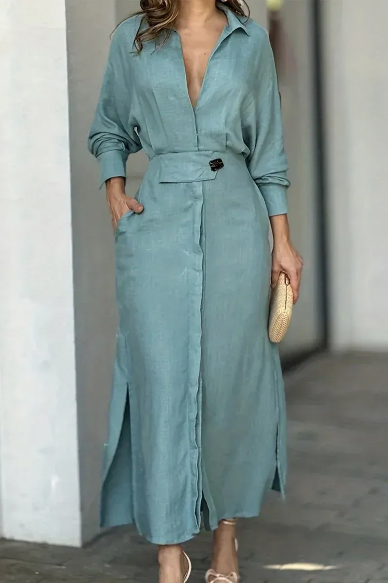 Women's Lapel Long Sleeve Casual Cotton and Linen Dress
