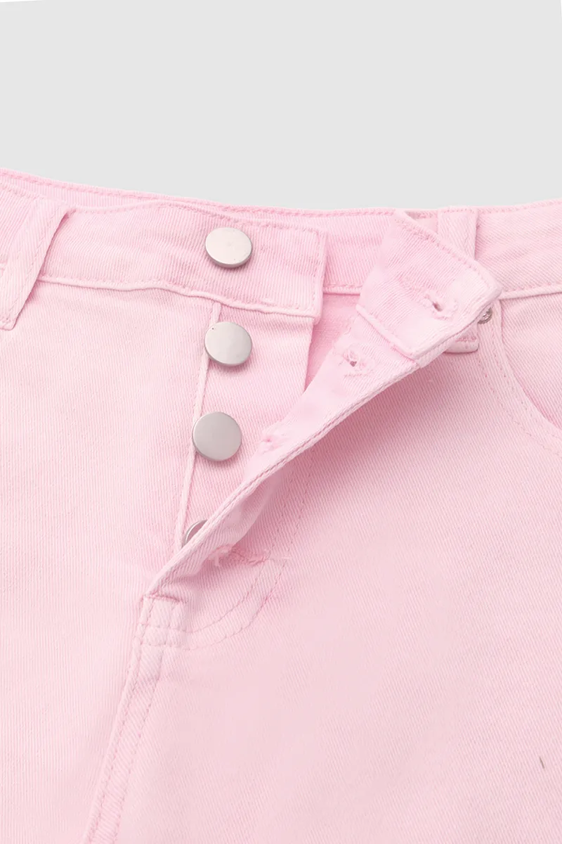 Solid Ripped Raw Hem Button Fly Mid Rise Denim Shorts