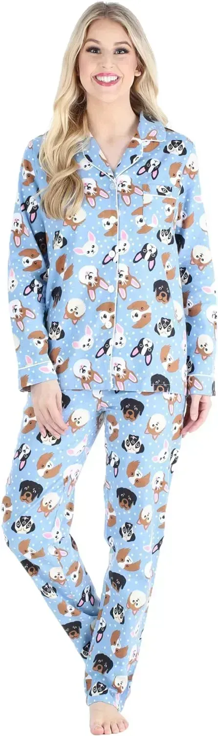 Women's Cotton Flannel Long Sleeve Button-Down Pajamas PJ Set
