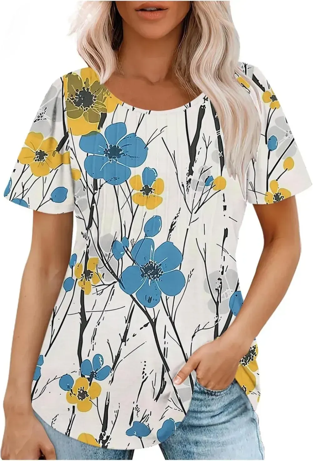 Womens Summer Pleated Front Shirts Tunics Casual Short Sleeved Loose Round Neck Boho Printed Tops Vacation Blouse