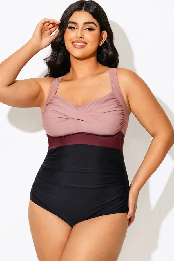 Plus Size Contrast Twist Front Skinny One Piece Swimsuit