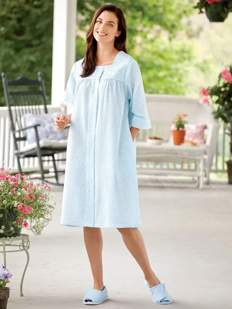 Women's Snap-Front Cotton Seersucker Duster Robe