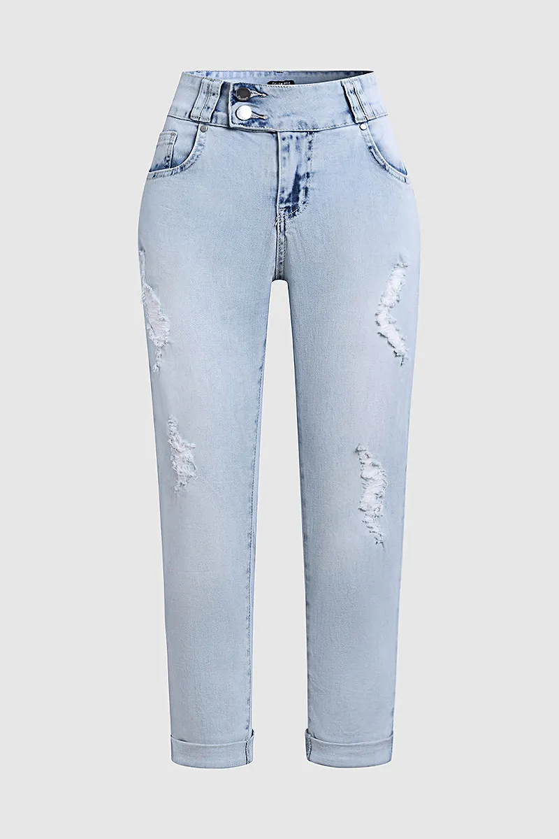 Double Button Ripped Roll Hem Mid Waist Capri Jeans