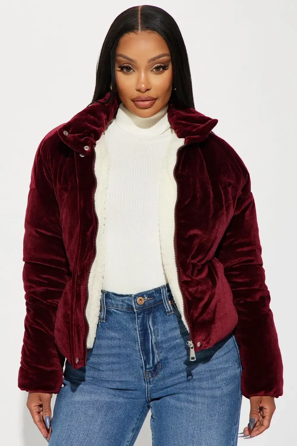 Cici Velvet Puffer Jacket - Burgundy
