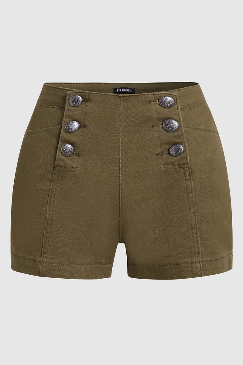 Solid Double Breasted Split Hem High Waist Denim Shorts