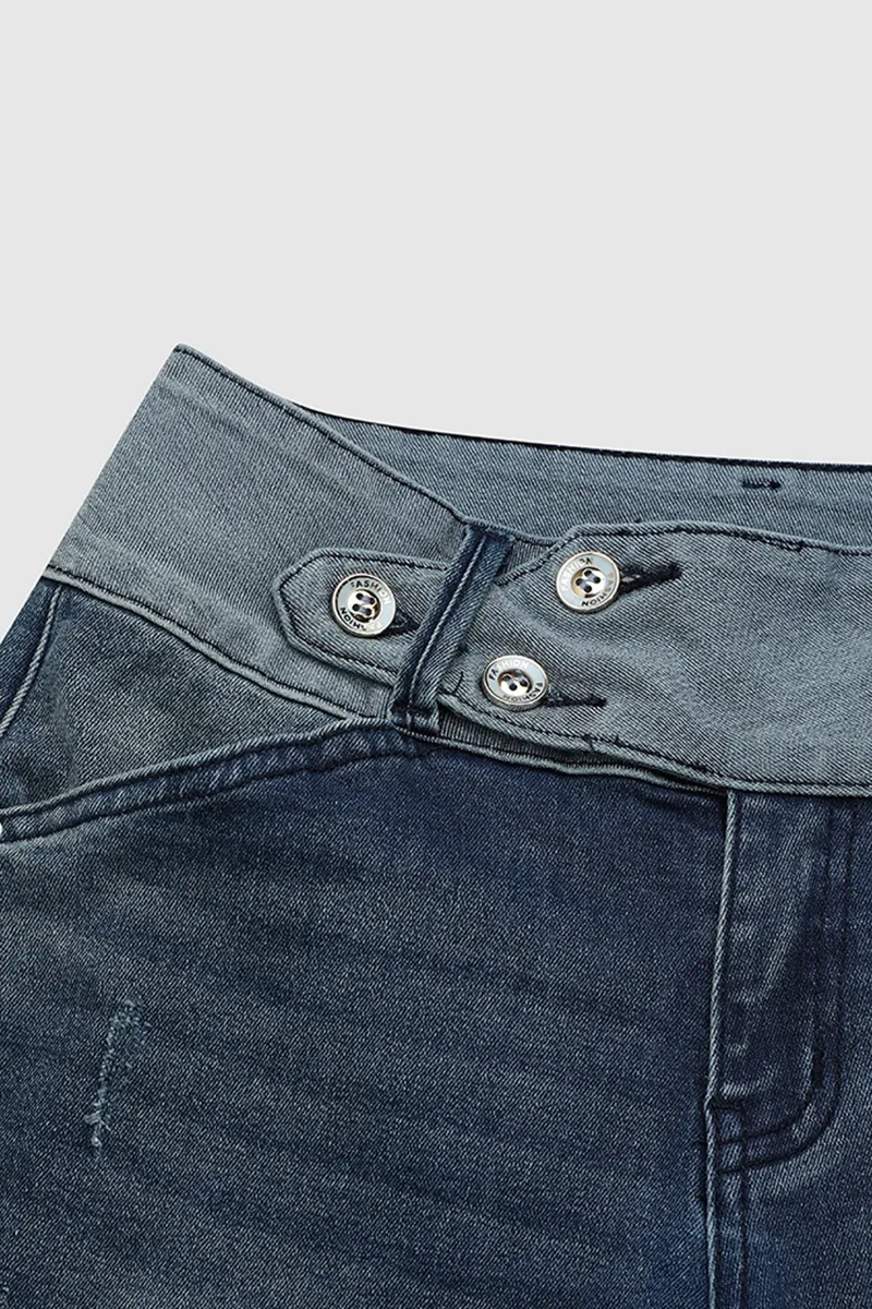 Two Tone Button Detail Ripped Roll Hem Mid Rise Denim Bermuda Shorts