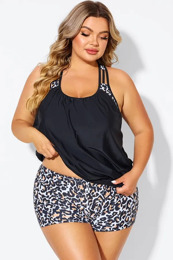 Leopard Print T-Back Blouson Tankini Top