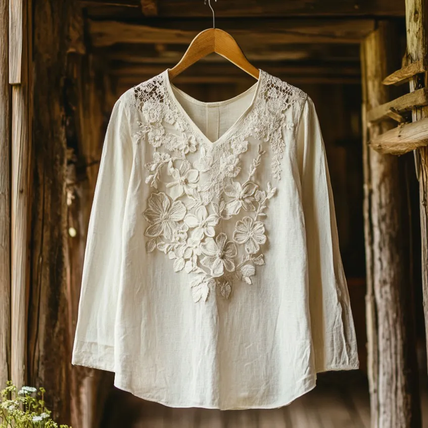 Women's Retro Floral Lace Embroidery Art V-neck Shirt