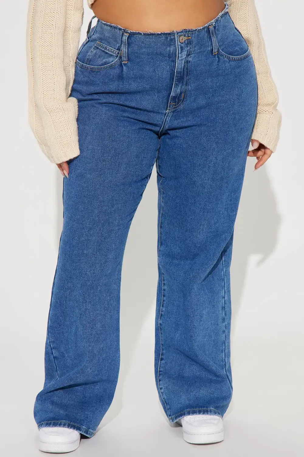 Uphill Cut Off Waistband Baggy Jeans - Medium Wash
