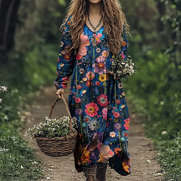 Vintage Women's Floral Embroidery Art Linen V Neck Dress