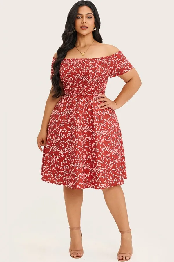Super Soft Off-Shoulder Raspberry Print Midi Dress