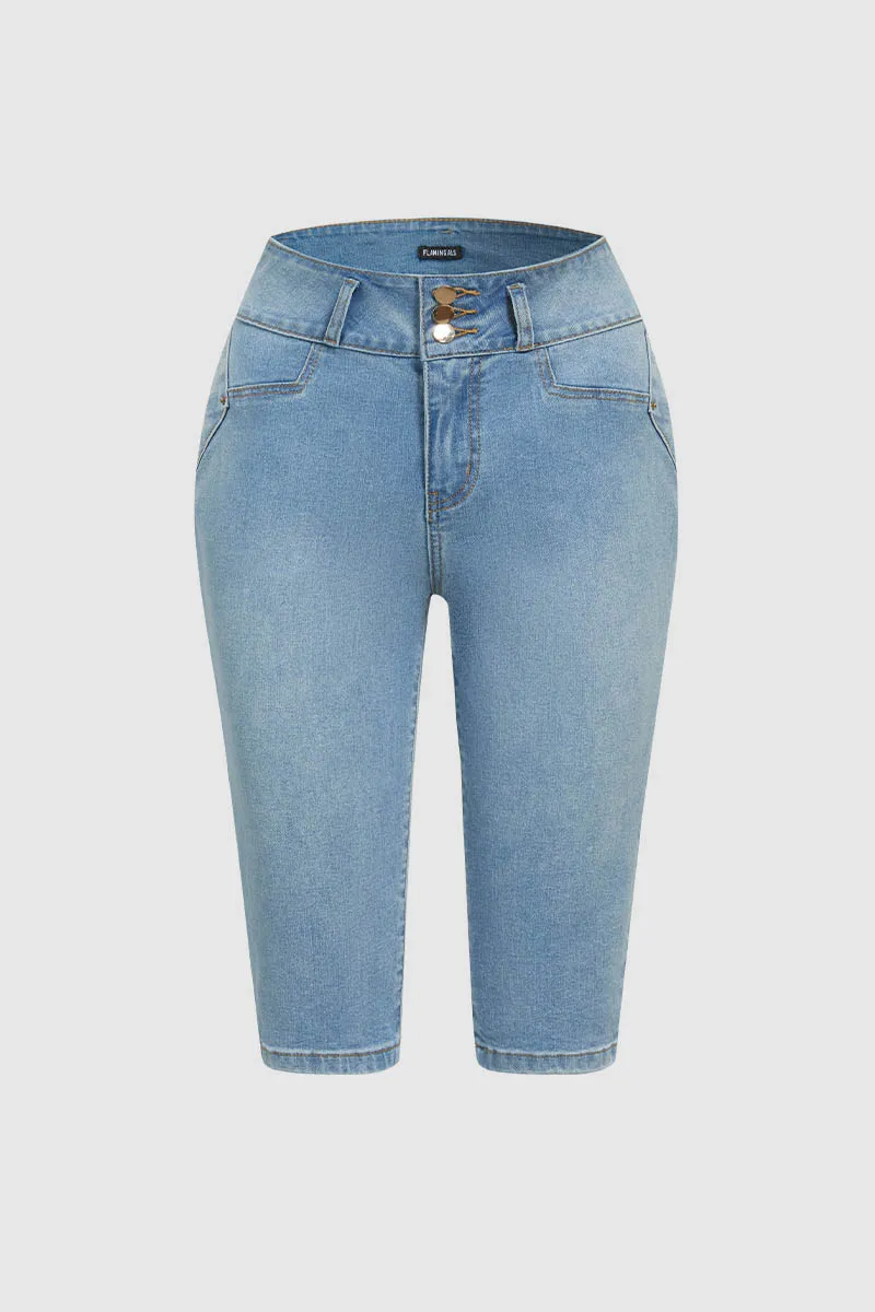 Button Fly Wash High Stretch High Waist Capri Jeans