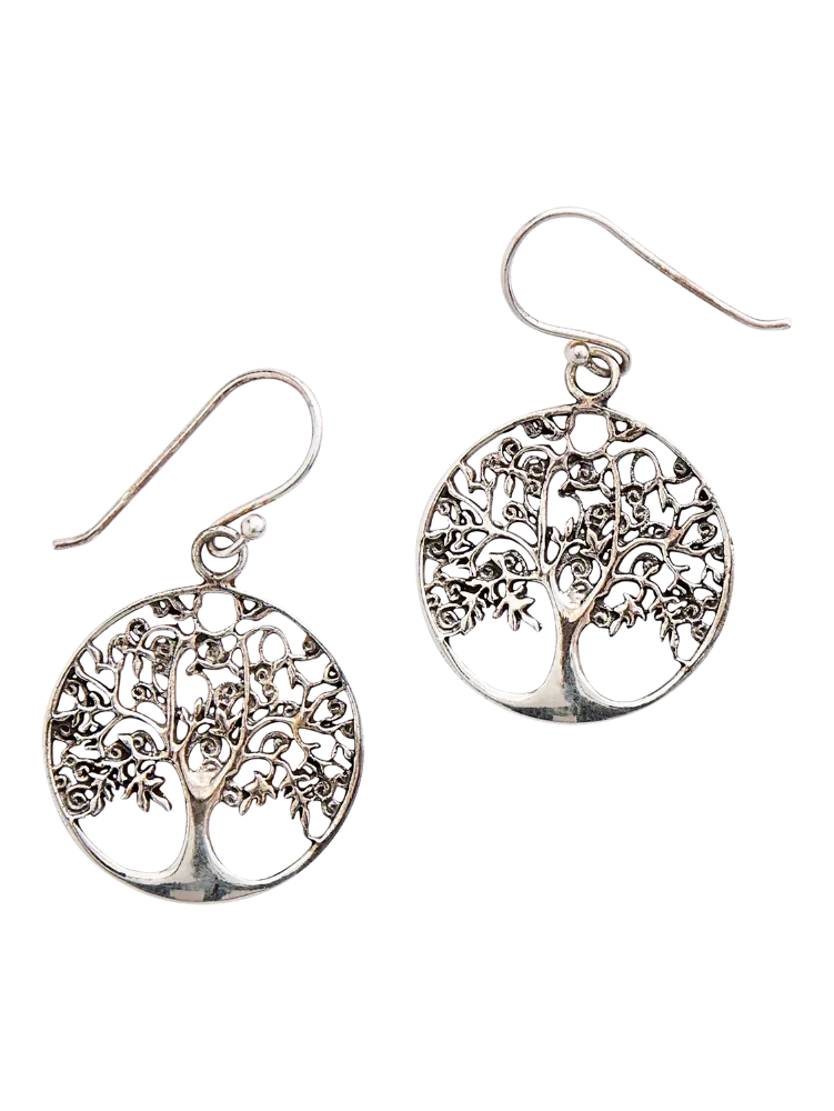 Sterling Silver Round Oak Tree Drop Earrings