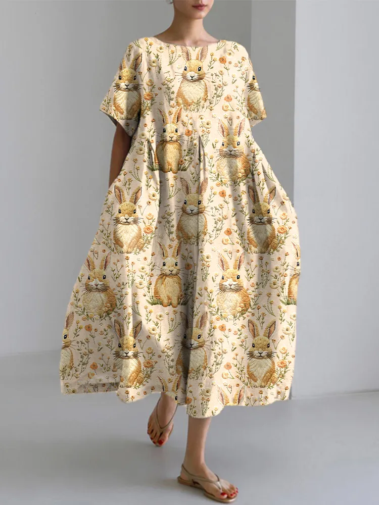 Women's Floral Bunny Embroidered Linen Blend Dress