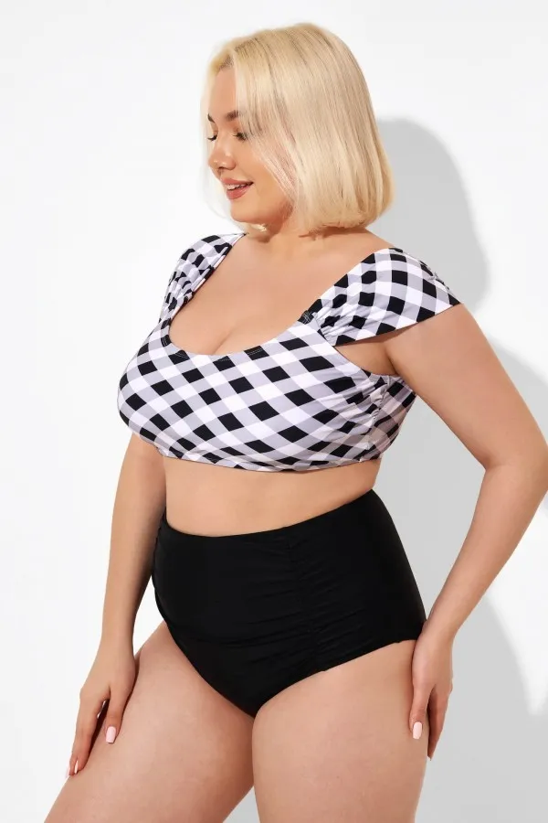Black & White Gingham Bikini Top with Sleeves