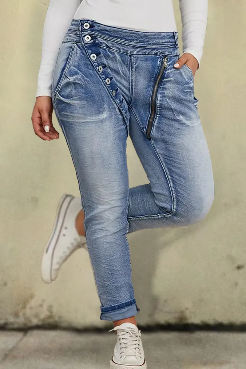 Button Up Roll Hem Low Rise Crop Jeans