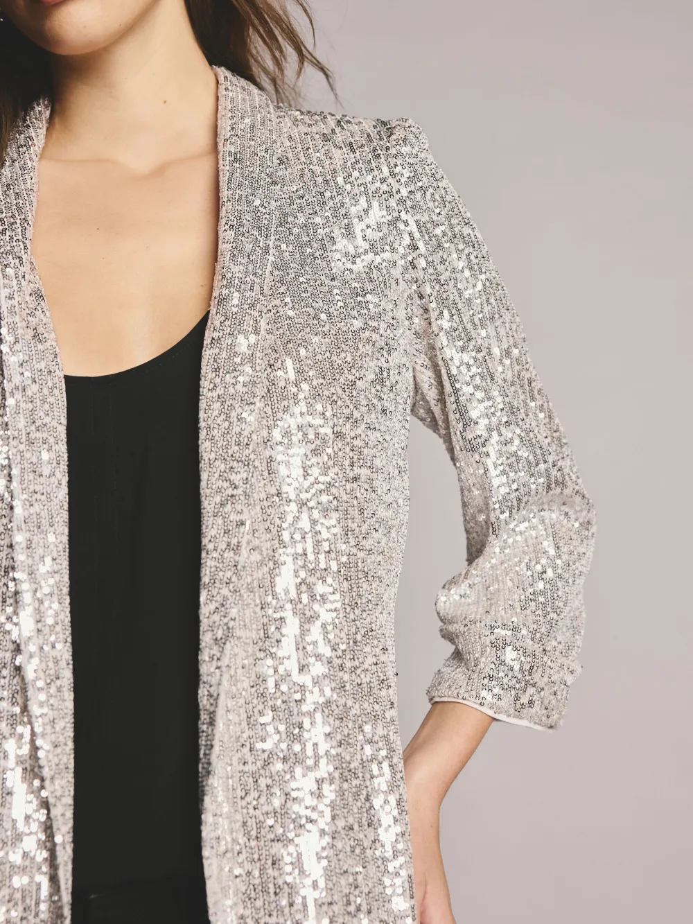 Silver Sequin Pleated Sleeve Suit Jacket
